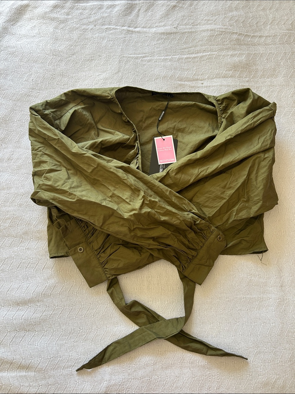 PrettyLittleThing Olive Green Tie-Waist crop top